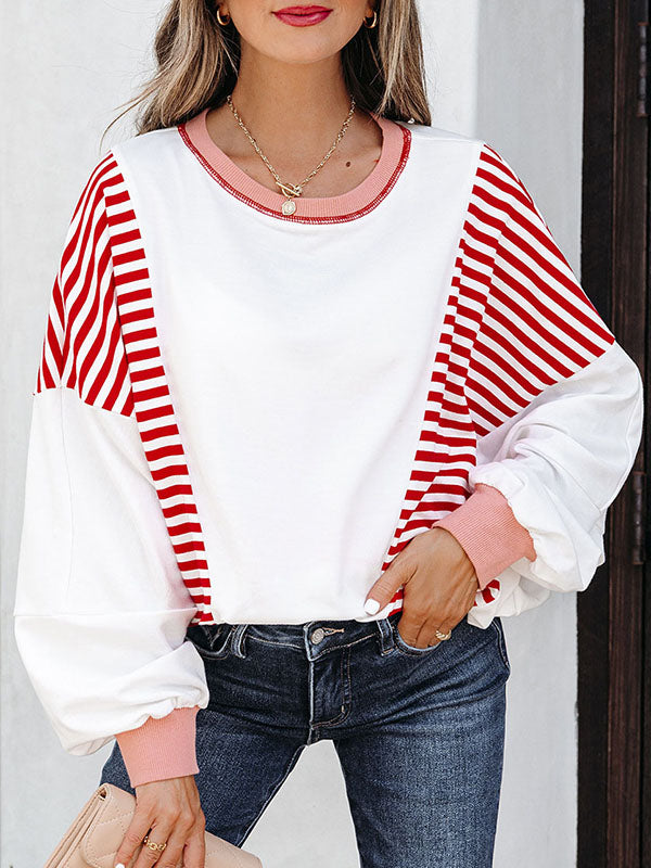 Long Sleeves Loose Contrast Color Striped Round-Neck Sweatshirt Tops