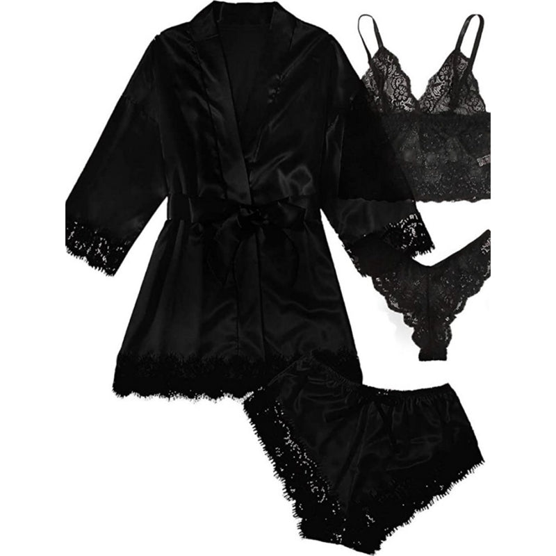 Sexy Women Lace Splicing Straps Long Sleeves Home Pajamas Four-Piece Set