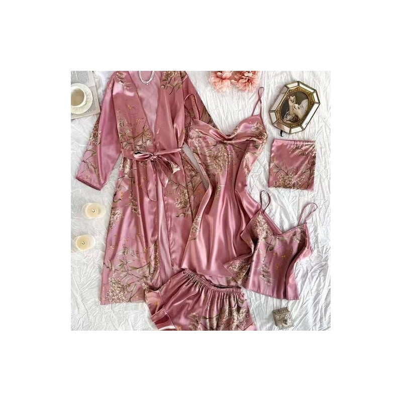 Women Fashion Sexy Printed Camisole Shorts Dress Coat Bag Pajamas Five-Piece Set