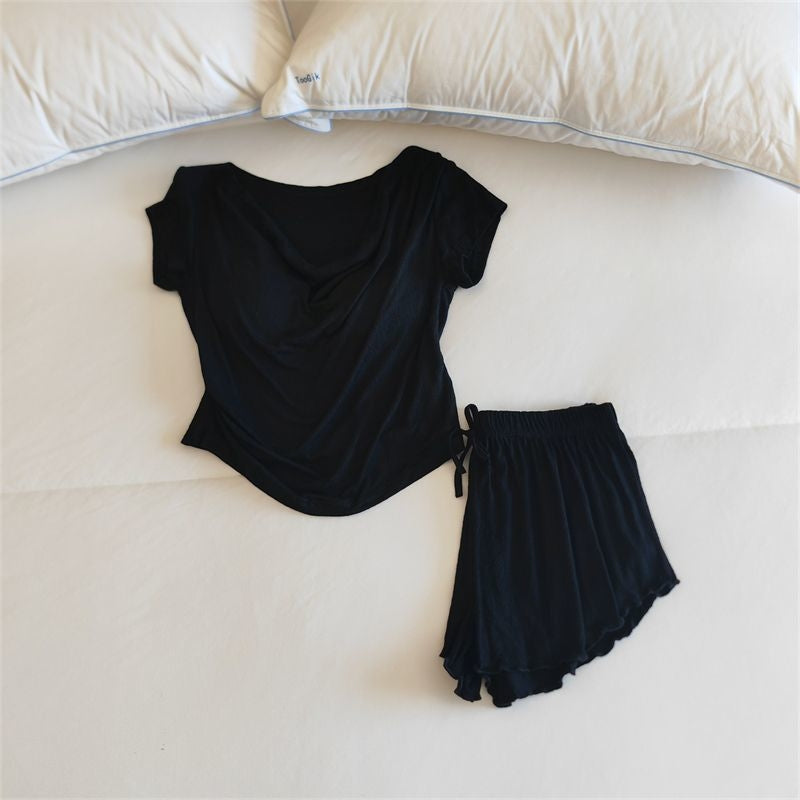 Women Fashion Casual Solid Color Cotton Short-Sleeved T-Shirt Loose Shorts Pajamas Two-Piece Set