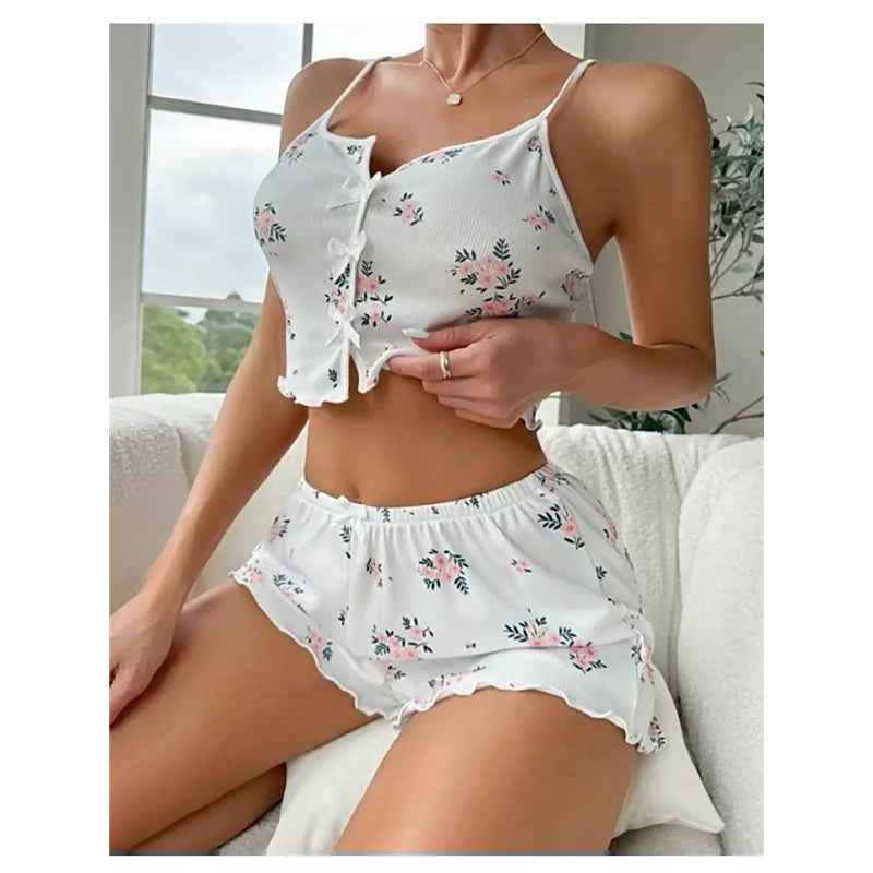 Women Casual Heart Print Sling Top Shorts Pajamas Set