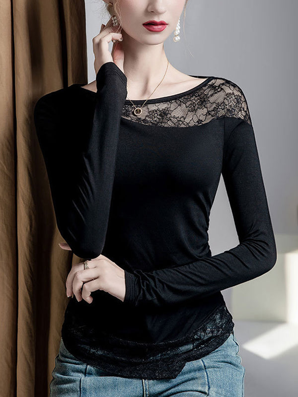 False Two Long Sleeves Asymmetric Embroidered Mesh See-Through Split-Joint Round-Neck T-Shirts