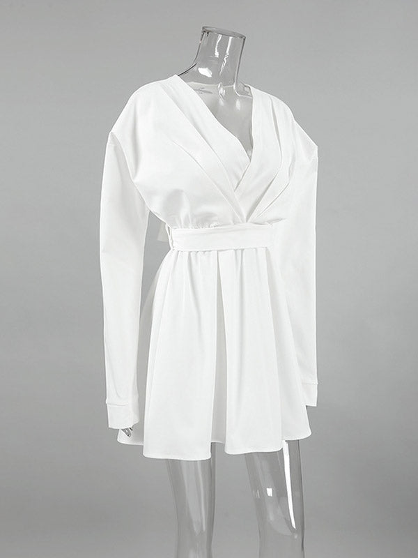 Long Sleeves Loose Pleated Solid Color Split-Joint Tied Waist V-Neck Mini Dresses Shirt Dress