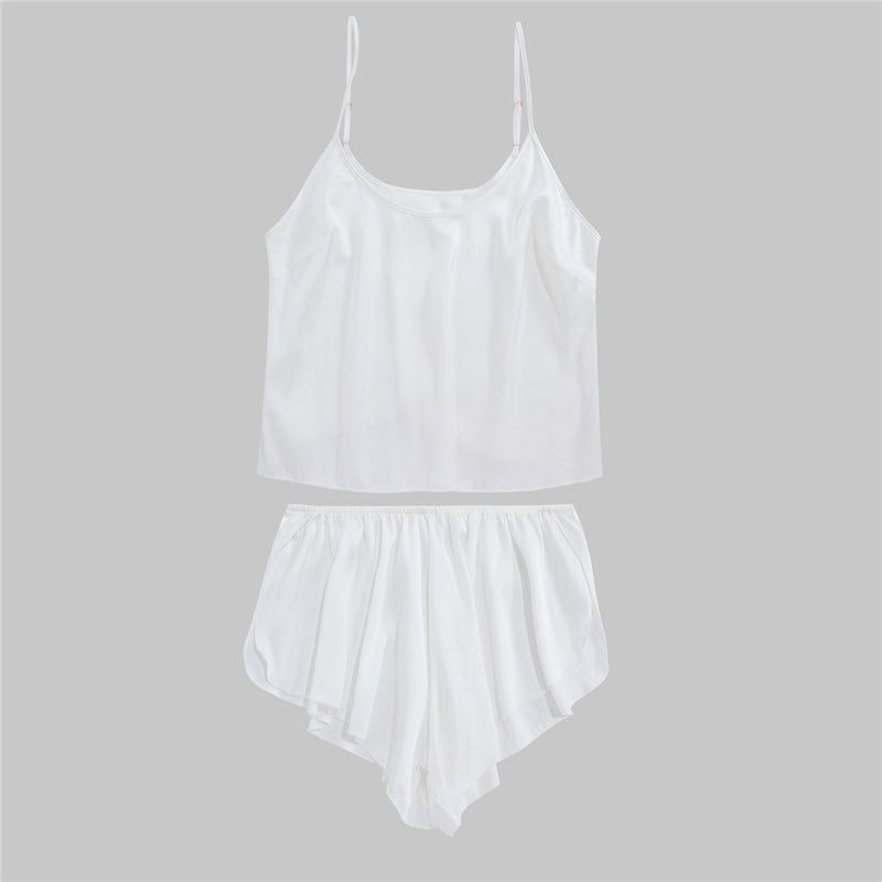 Women Fashion Sexy Solid Color Satin Silk Sleeveless Camisole Loose Shorts Pajamas Two-Piece Set