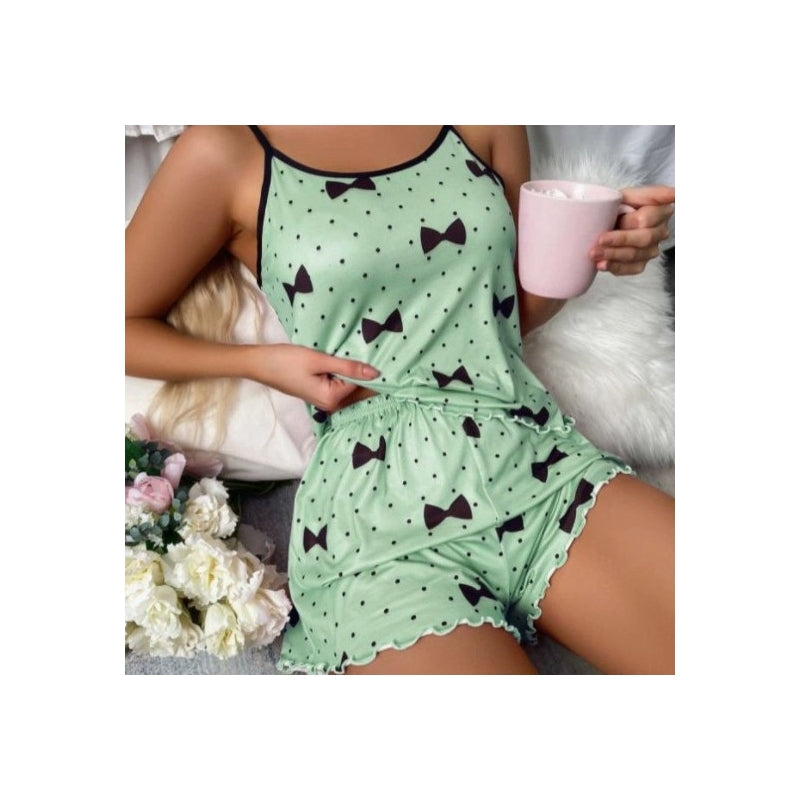 Women Fashion Sexy Love Printed Camisole Loose Shorts Pajamas Two-Piece Set