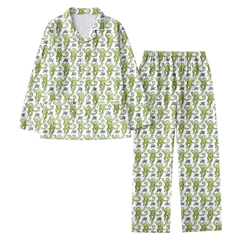 Women Casual Monkey Print Lapel Long-Sleeve Top Loose Pants Pajamas Two-Piece Set