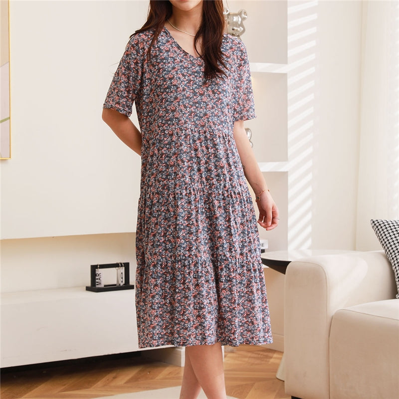 Women Fashion Casual Floral Printed Short Sleeve Loose Dress Pajamas