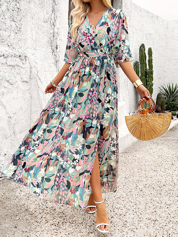Half Sleeves Loose Flower Print Split-Side Tied Waist V-Neck Maxi Dresses