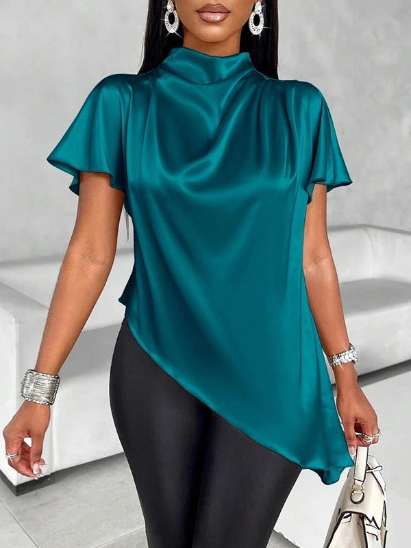 Loose Short Sleeves Asymmetric Solid Color Mock Neck Blouses&Shirts Tops