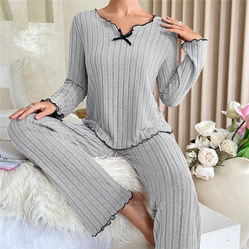 Women Casual Solid Color Wood-Ear Pajamas Longewear Two-Piece Set