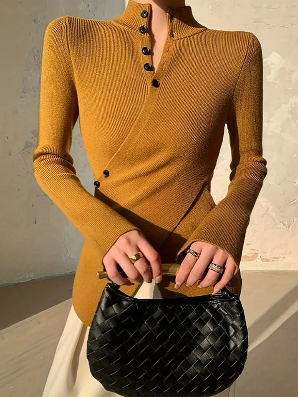Long Sleeves Asymmetric Split-front Split-Joint V-neck Sweater Tops
