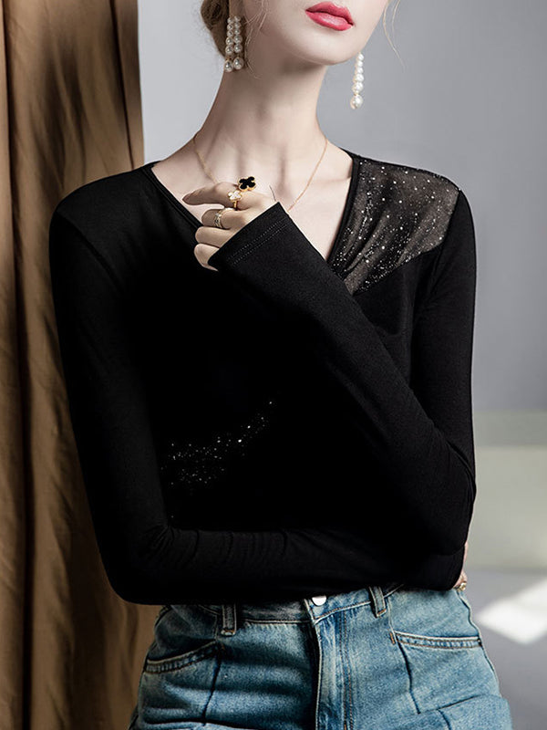 Irregularity Long Sleeves Mesh Slightly Sheer Split-Joint V-Neck T-Shirts