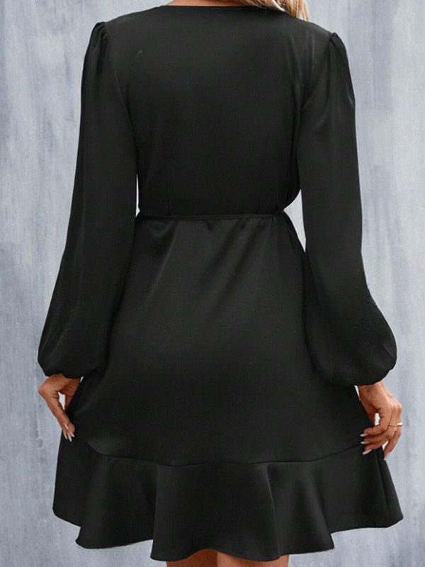 High Waisted High-Low Elasticity Pleated Solid Color Split-Joint Tied V-Neck Mini Dresses