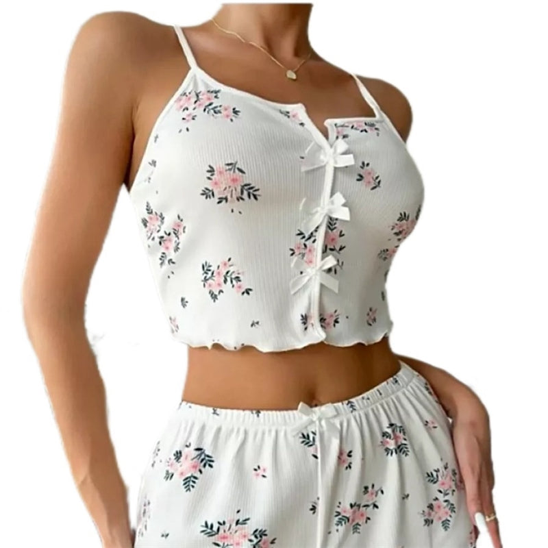 Women Casual Heart Print Sling Top Shorts Pajamas Set