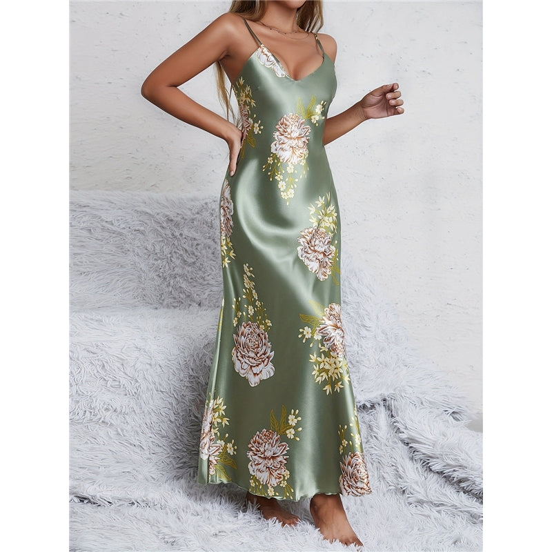 Women Fashion Sexy Floral Printed Sleeveless Spaghetti Strap Loose Dress Pajamas