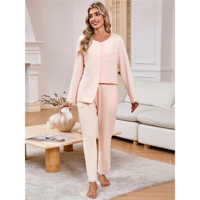 Women Fashion Casual Solid Color Long-Sleeve Cardigan Loose Pants Pajamas Two-Piece Set