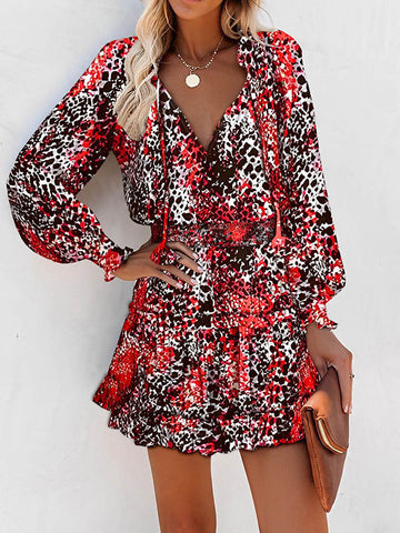 A-Line Long Sleeves Contrast Color Leopard Pleated Split-Joint Tied V-Neck Mini Dresses