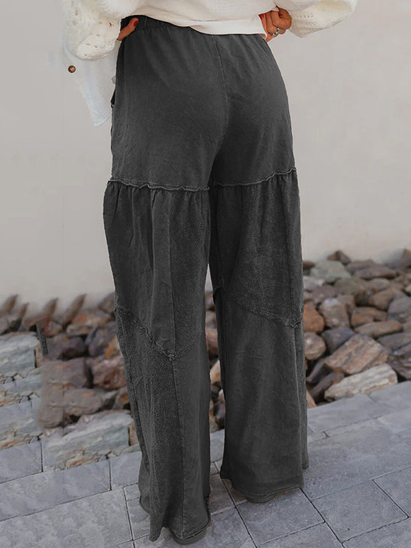High Waisted Loose Drawstring Pleated Pockets Solid Color Split-Joint Pants Trousers