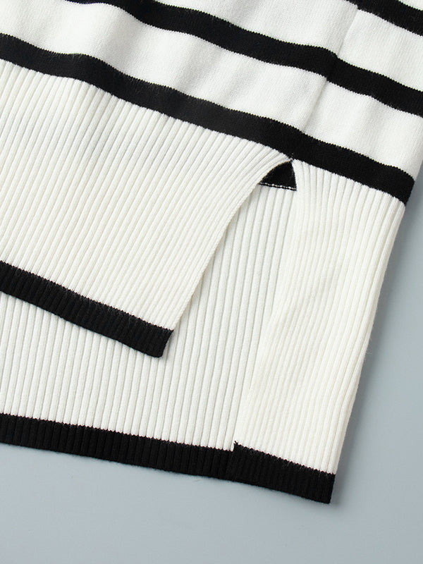 High-Low Long Sleeves Split-Joint Split-Side Striped High Neck Sweater Tops