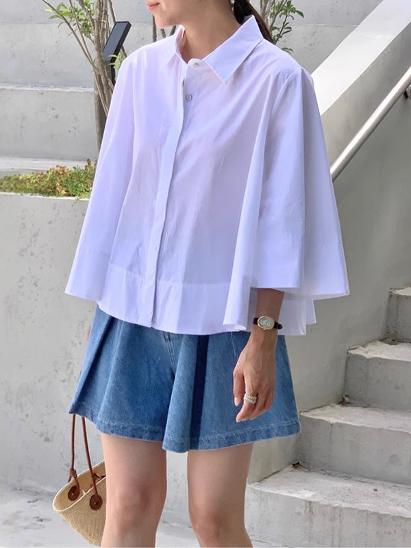 A-Line Flared Sleeves Buttoned Pleated Solid Color Lapel Blouses&Shirts Tops