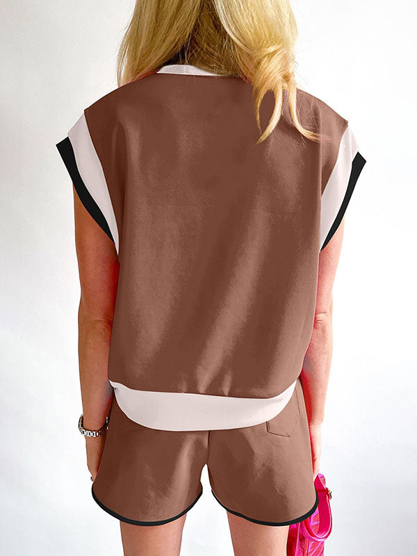 Contrast Color Short Sleeves Round-Neck T-Shirt + Elasticity Shorts Two Pieces Set