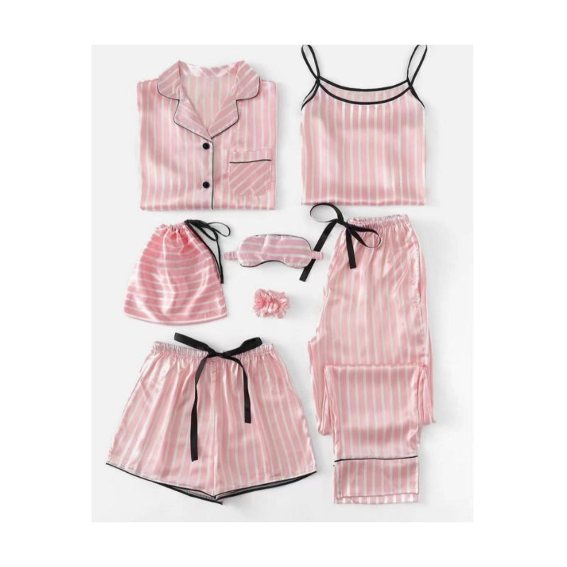 Women Simple Casual Stripe Printed Thin Pajamas Seven-Piece Set