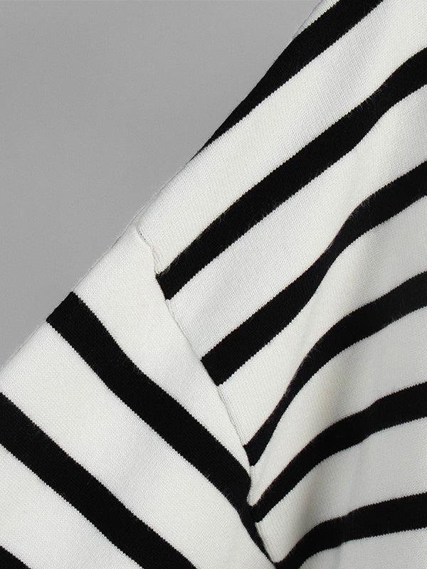 High-Low Long Sleeves Split-Joint Split-Side Striped High Neck Sweater Tops