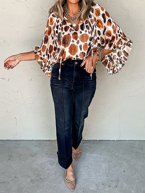 Long Sleeves Loose Contrast Color Pleated Split-Joint V-neck Blouses&shirts Tops