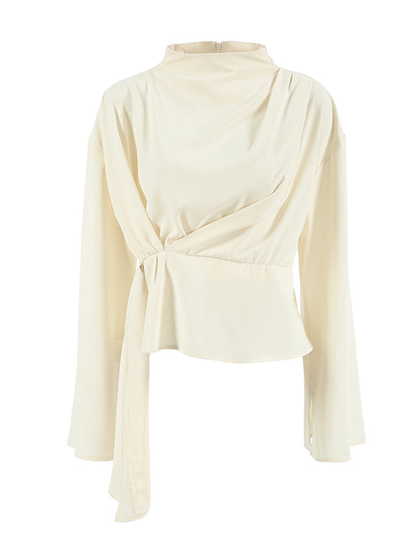 Flared Sleeves Long Sleeves Solid Color Twist Half Turtleneck Blouses&Shirts Tops