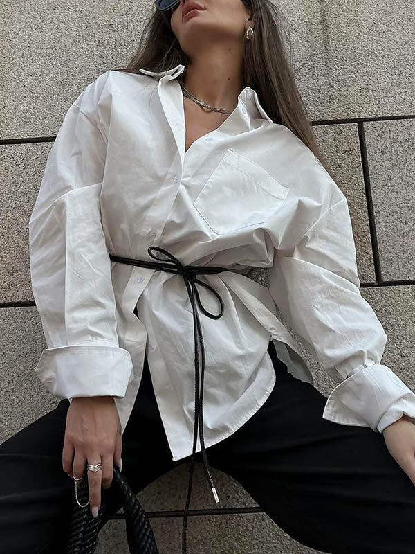 Long Sleeves Loose Buttoned Pockets Solid Color Lapel Blouses&Shirts Tops