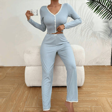 Women Casual Solid Color Lace Pajamas Longewear