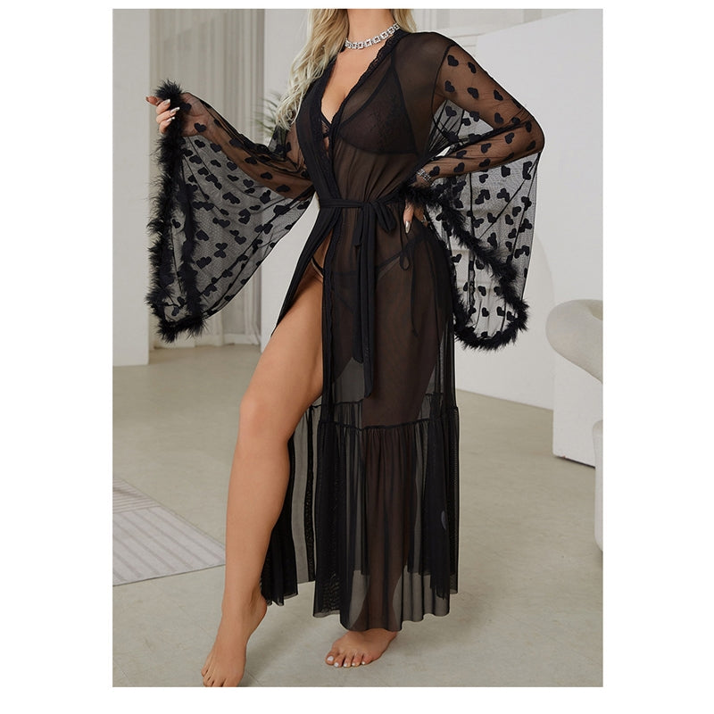 Women Fashion Sexy Heart Shaped Mesh Feather Long Sleeve Home Pajamas