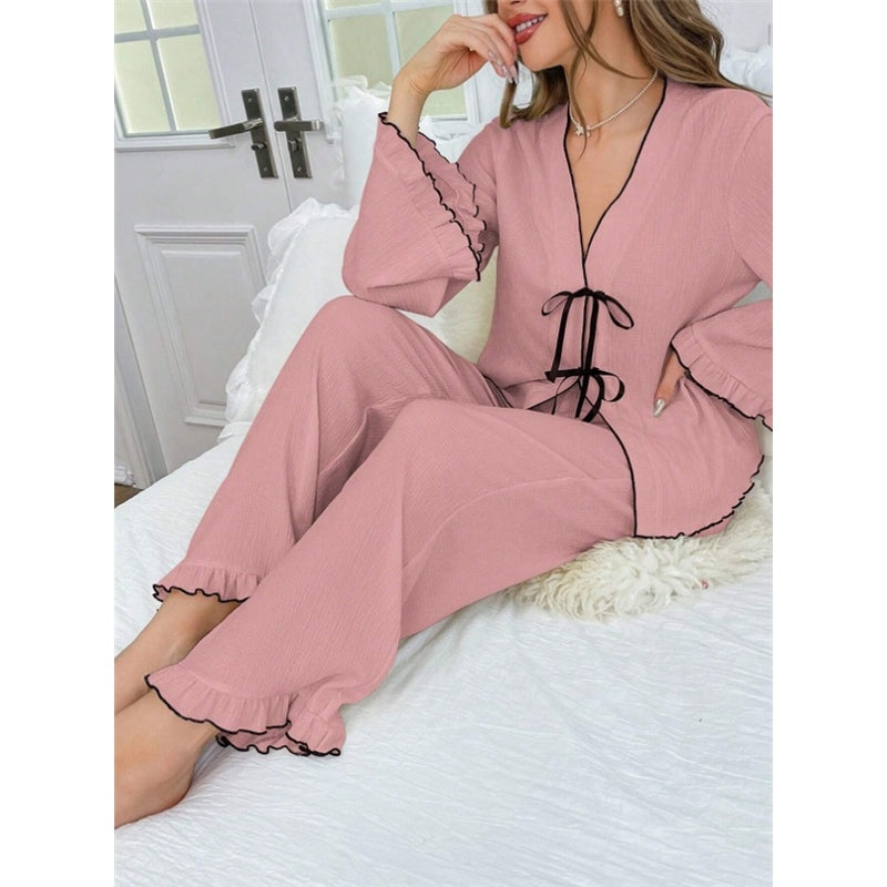Women Fashion Casual Contrast Color V-Neck Long-Sleeve Lace-Up Top Loose Pants Pajamas Two-Piece Set