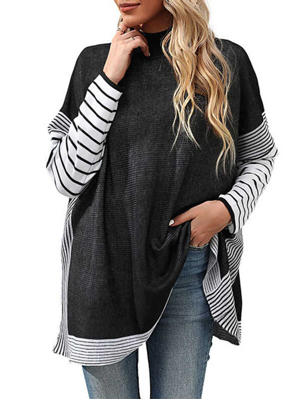 Long Sleeves Loose Contrast Color Striped Mock Neck Pullovers Sweater Tops