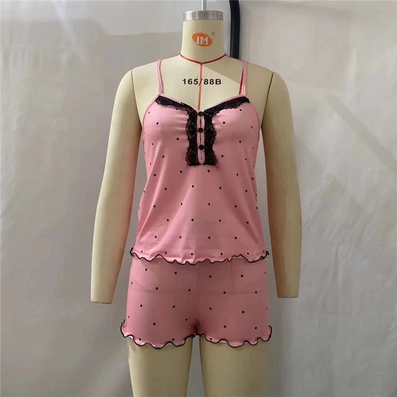 Women Fashion Sexy Printed Lace Splicing V-Neck Camisole Shorts Pajamas Set