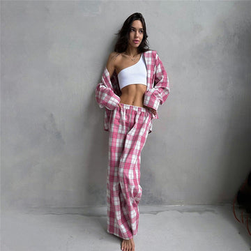 Women Fashion Casual Red Plaid Long Sleeve Lapel Top Loose Pants Pajamas Set