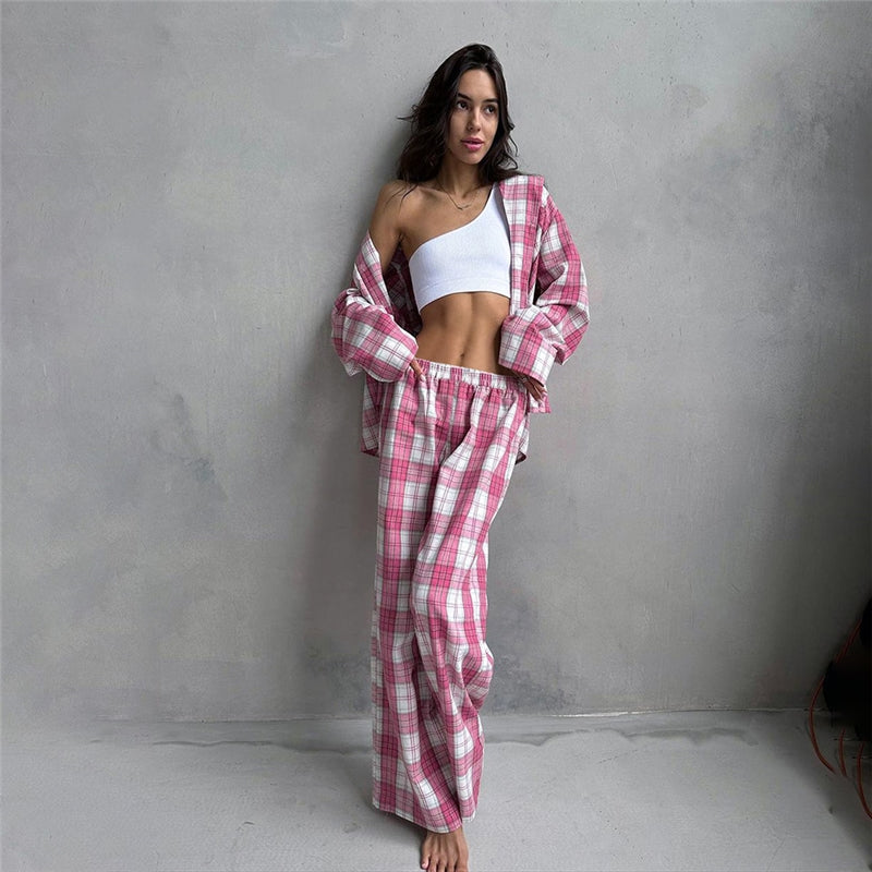 Women Fashion Casual Red Plaid Long Sleeve Lapel Top Loose Pants Pajamas Set