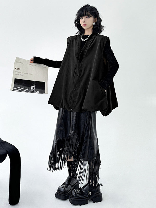 A-Line Hipster Buttoned Solid Color V-Neck Vest Top