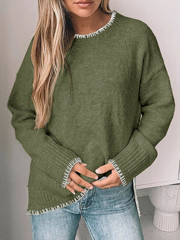 High-Low Long Sleeves Split-Joint Split-Side Round-Neck Pullovers Sweater Tops