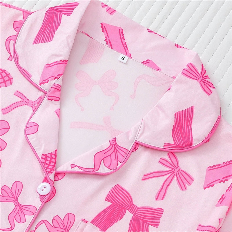 Women Pink Bow Print Lapel Short Sleeve Shorts Pajamas