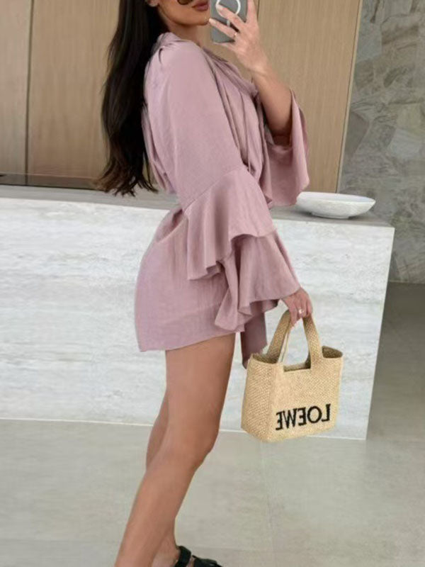 Flared Sleeves Loose Lace-Up Pleated Solid Color Split-Joint Tiered Round-Neck Mini Dresses