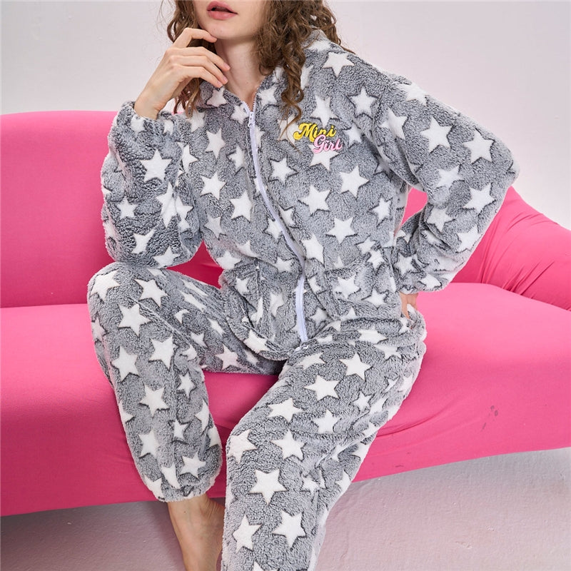 Women Fashion Casual Autumn And Winter Fleece Star Printed Zipper Long Sleeve Hoodies Loose Pants Pajamas Two-Piece Set
