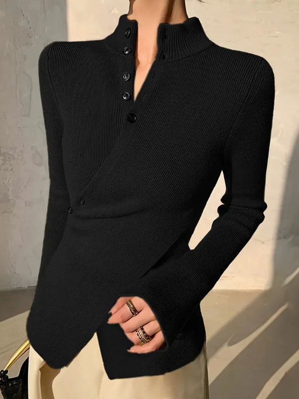 Long Sleeves Asymmetric Split-front Split-Joint V-neck Sweater Tops