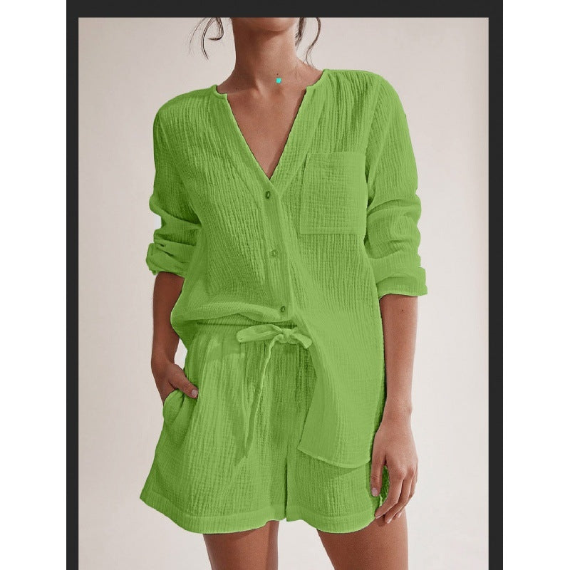 Women Casual Solid Color Double Gauze Cotton Long Sleeve Shorts Pajamas Set