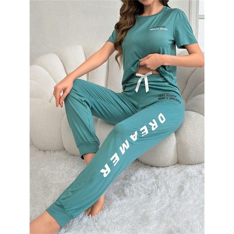 Women Fashion Casual Printed Short Sleeve T-Shirt Drawstring Pants Pajamas Two-Piece Set