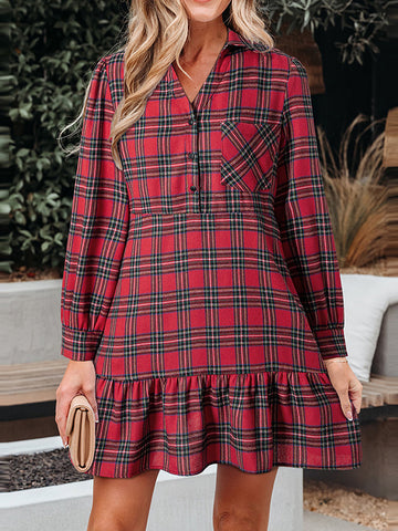 A-Line High Waisted Buttoned Plaid Pleated Pockets Lapel Mini Dresses