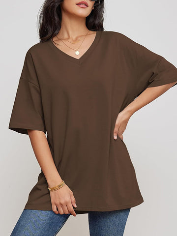 Short Sleeves Solid Color Split-Joint V-Neck T-Shirts