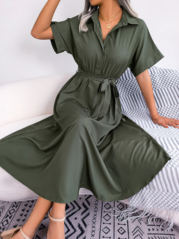 Loose Short Sleeves Solid Color Split-Joint Tied Waist Lapel Midi Dresses Shirt Dress
