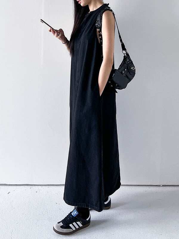 A-Line Loose Pockets Solid Color Tied Round-Neck Maxi Dresses