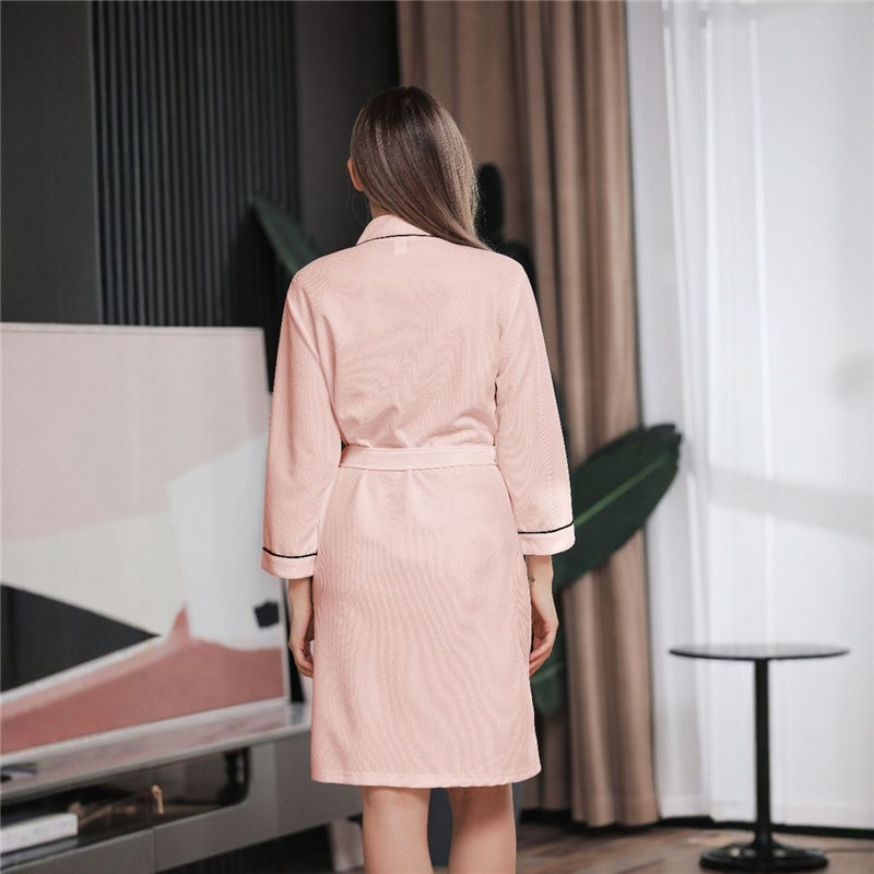 Fashion Casual Contrast Color Waffe Bathrobe Lace-Up Nightgown